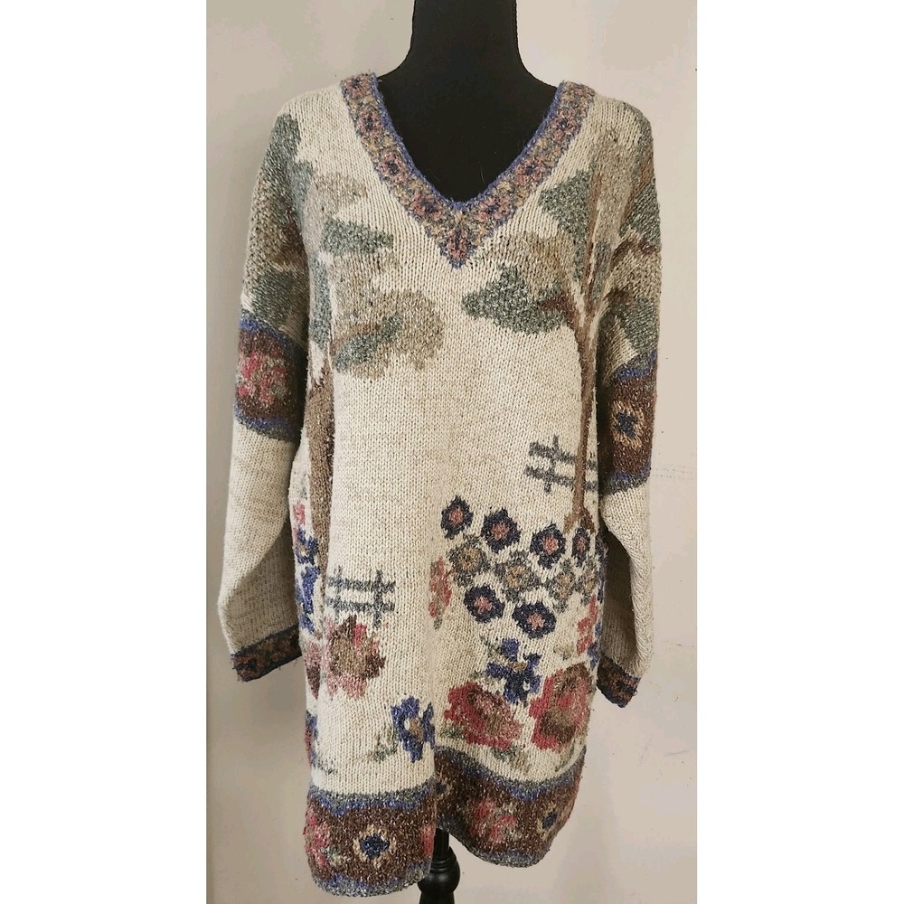 VTG Together! Womens M  V Neck Sweater Grandma Cottagecore Trees Flowers Knit